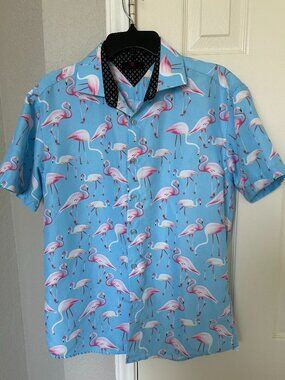 BC Collection Men's Lt Blue Short Sleeve Button Up Shirt-Flamingo Print-Medium